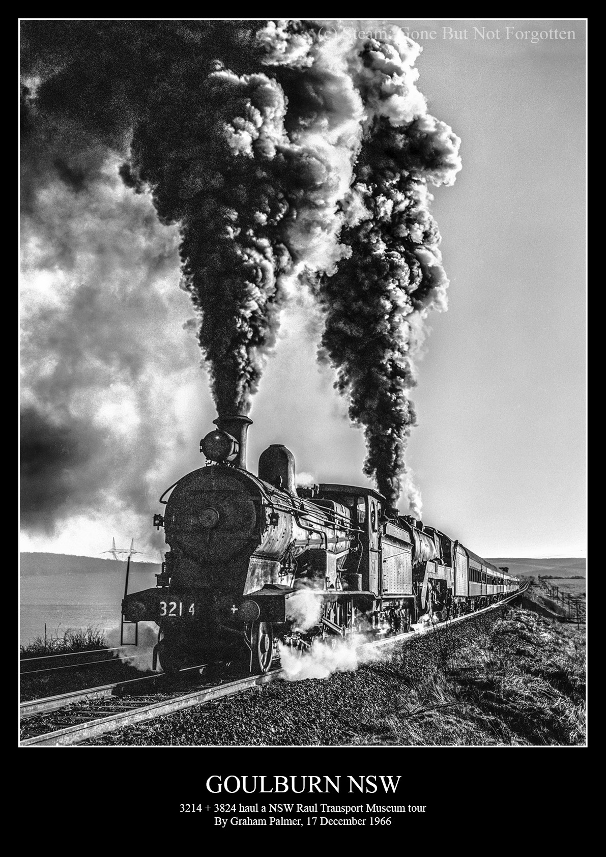3214 and 3824 on a Rail Transport Museum tour at Goulburn, NSW, 17 December 1966 — black border.