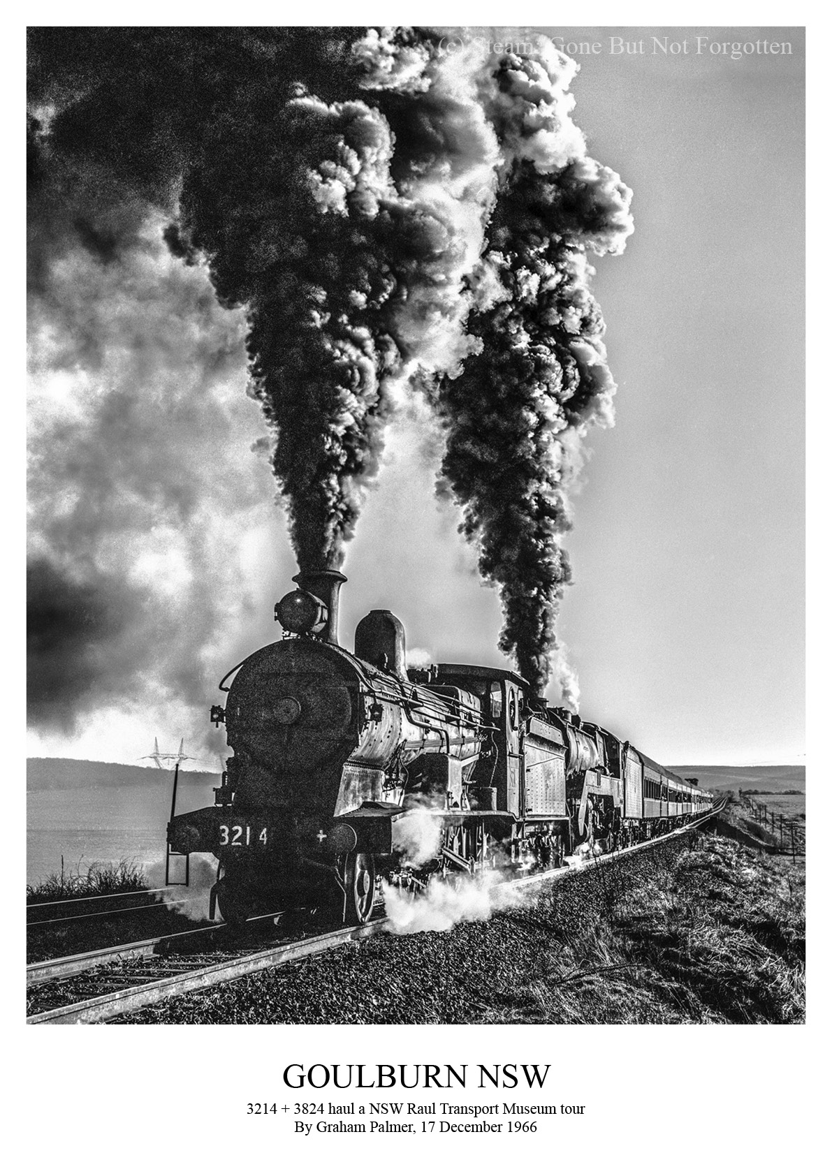 3214 and 3824 on a Rail Transport Museum tour at Goulburn, NSW, 17 December 1966 — white border.