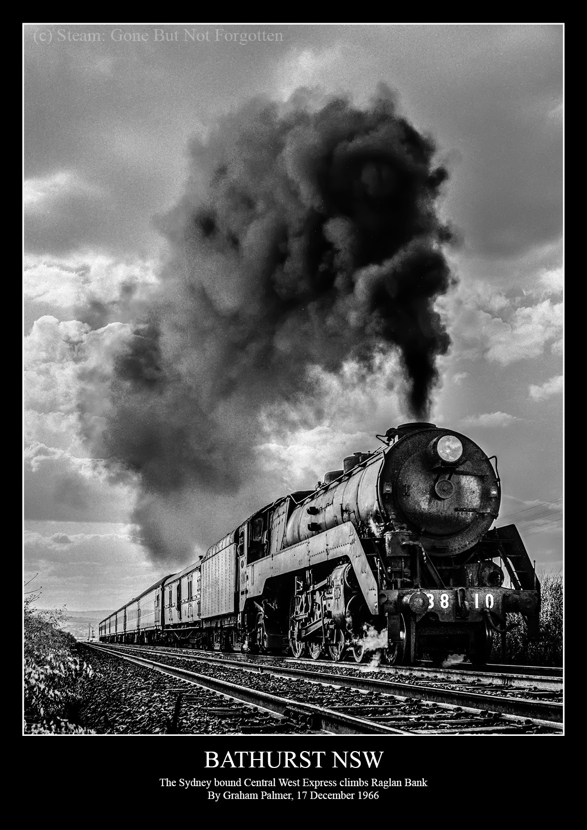The Central West Express climbs Raglan Bank at Bathurst, NSW, 17 December 1966 — black border.