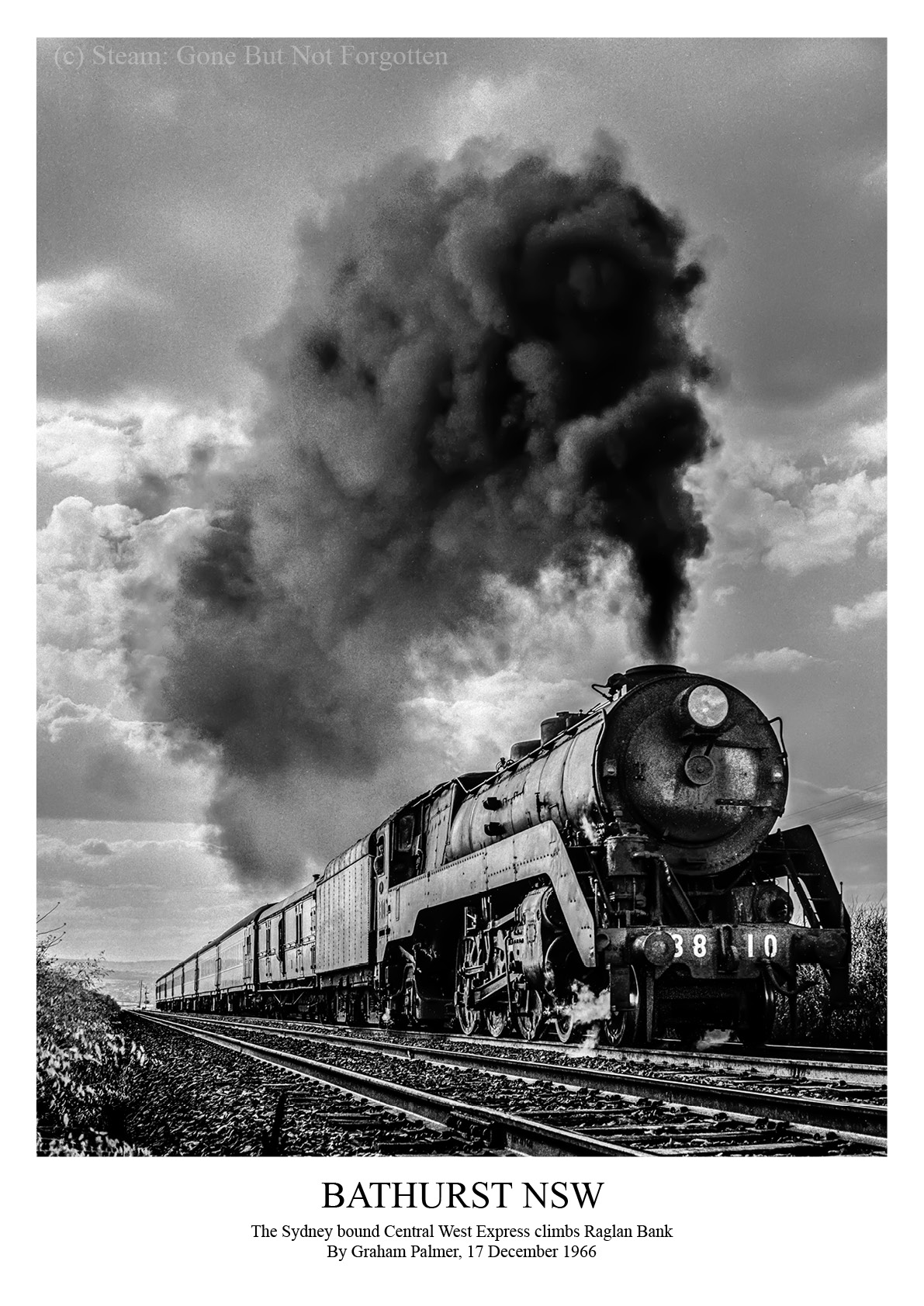 The Central West Express climbs Raglan Bank at Bathurst, NSW, 17 December 1966 — white border.