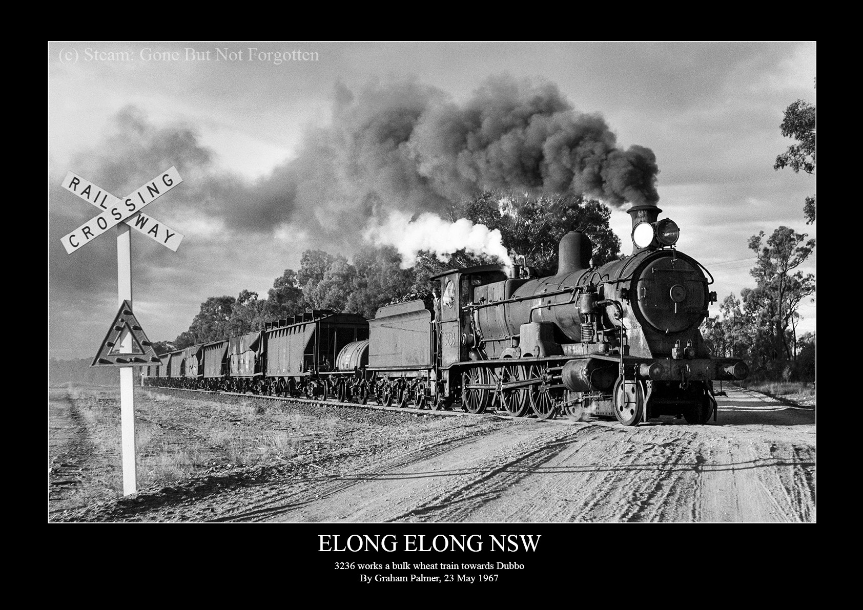 3236 works a bulk wheat train towards Dubbo at Elong Elong, NSW, 23 May 1967 — black border.