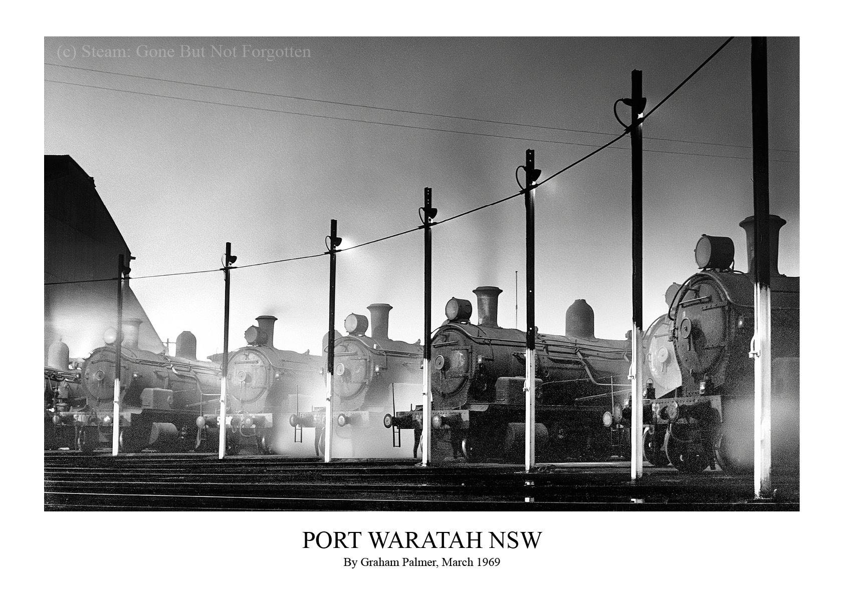 Locomotives at Port Waratah, NSW, at night, March 1969 — white border.