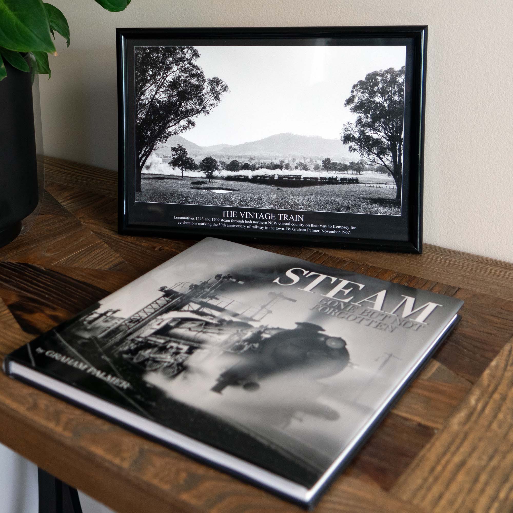 The hardcover book Steam: Gone But Not Forgotten resting beside a framed print of a steam train in a valley.